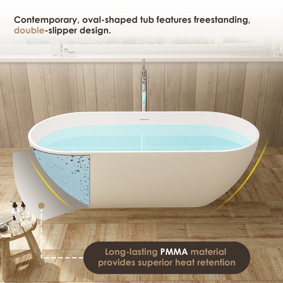 Ryder Flatbottom Freestanding Solid Surface Soaking Bathtub, Matte White, 59inch