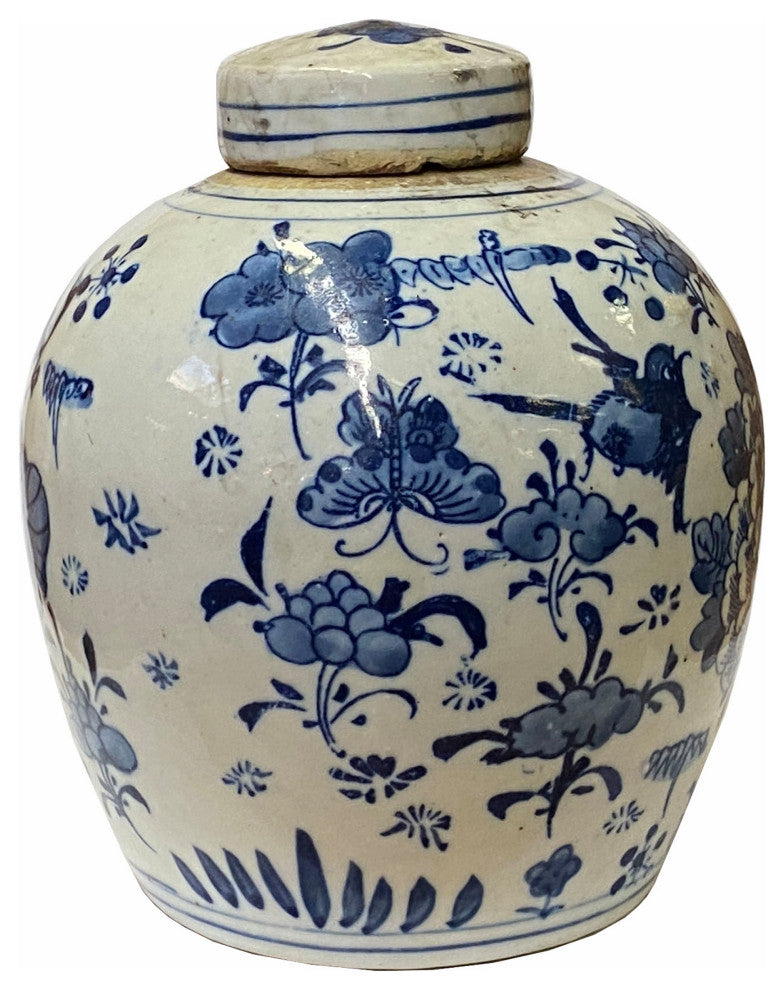 Chinese Oriental Small Blue White Birds Flowers Porcelain Ginger Jar Hws1870