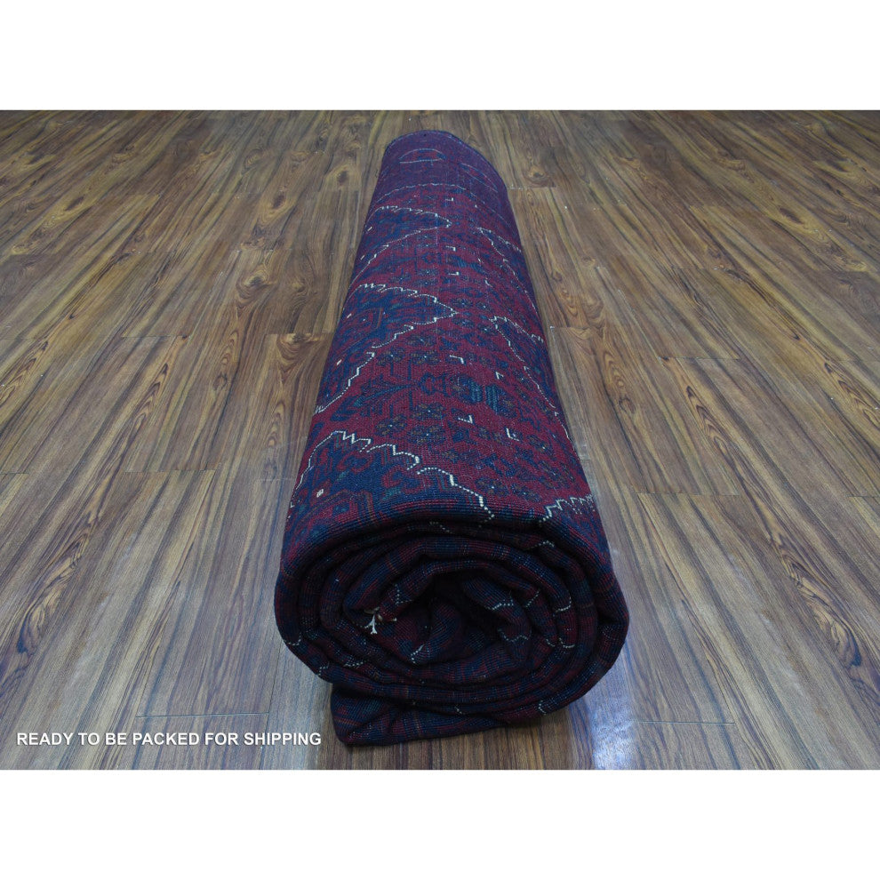 Red Hand Knotted Tribal Design Shiny Wool Afghan Khamyab Oriental Rug, 9'8"x13'