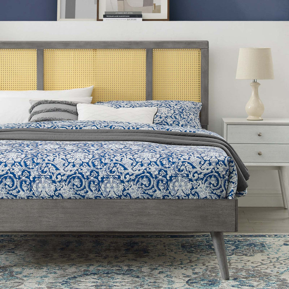 Platform Bed Frame, King Size, Wood, Gray, Modern Mid-Century, Bedroom