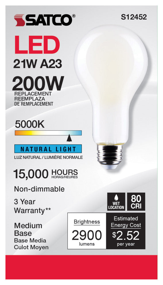 21W, A23 LED, Frost Finish, Medium Base, 5000K, 120V