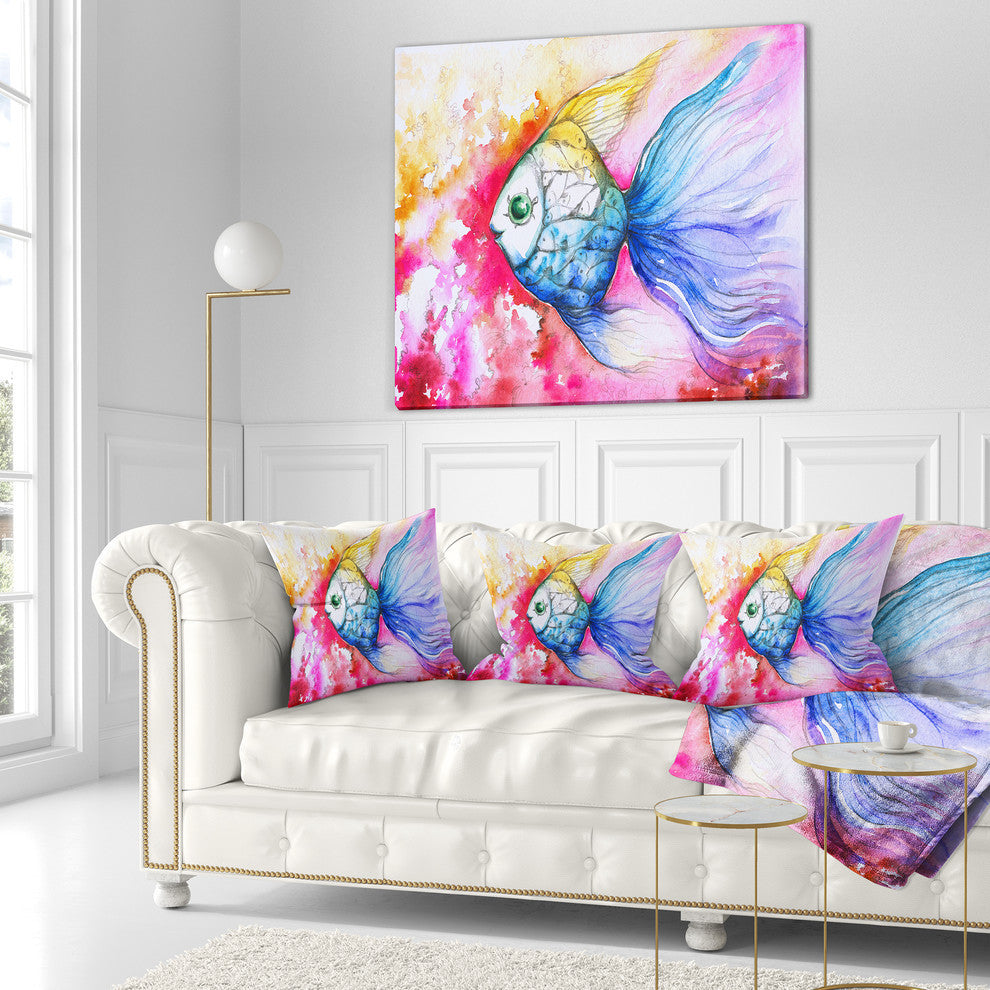 Blue Fish On Red Background Animal Throw Pillow, 18"x18"