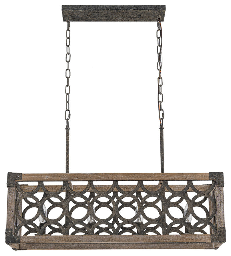 4-Light Open Cage Wooden Kitchen Island Rectangular Chandelier