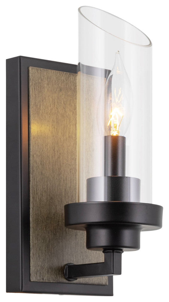 Kira Home Sierra 11" Wall Sconce + Glass Shade, Smoked Birch Wood Style + Black
