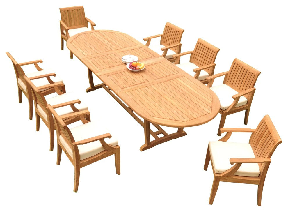 9-Piece Outdoor Teak Dining Set: 117" Masc Oval Extn Table, 8 Lagos Arm Chairs