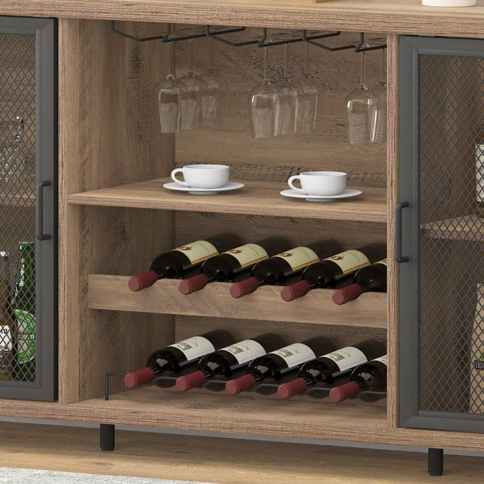 Rustic Bar Cabinet With Bottle Storage and Double Mesh Door Design, Rustic Oak