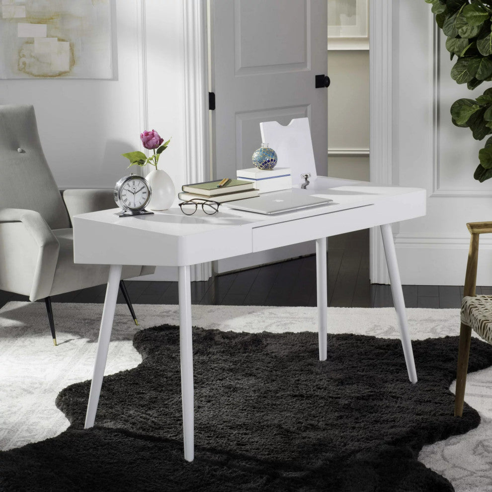 Retro Scandinavian Desk, Angled Legs With Lacquered Top & Spacious Drawer, White