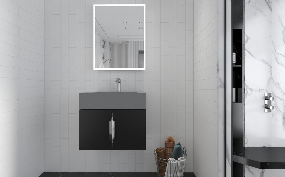 CastelloUSA Nile 24" Wall Mounted Bathroom Vanity Set, Black, Gray Top, Chrome Handles