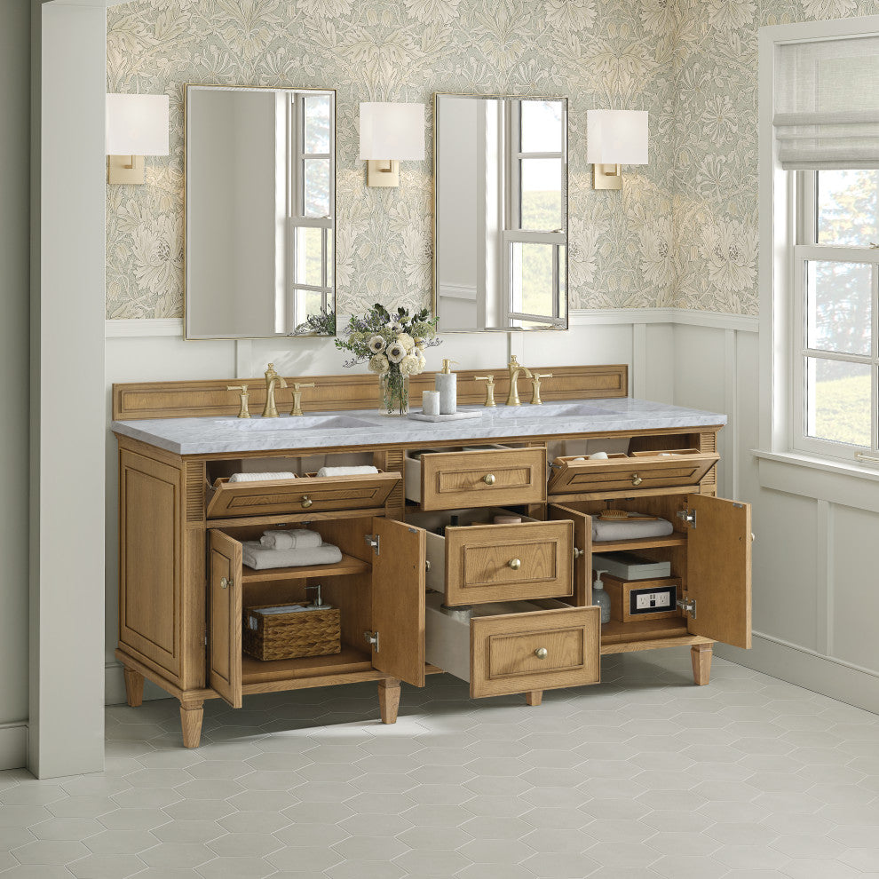 Lorelai 72" Double Vanity, Light Natural Oak, 3 CM Carrara White Marble Top
