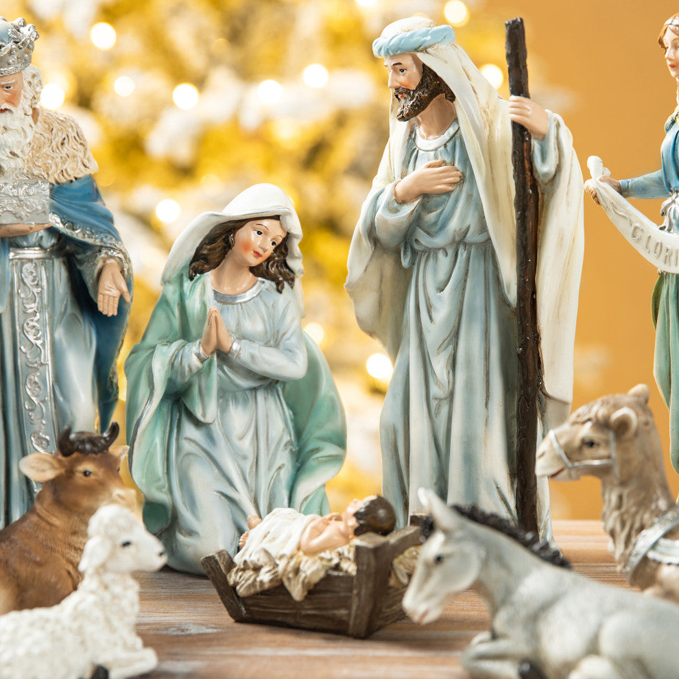 12-Piece Deluxe Blue Resin Nativity Figurine Set