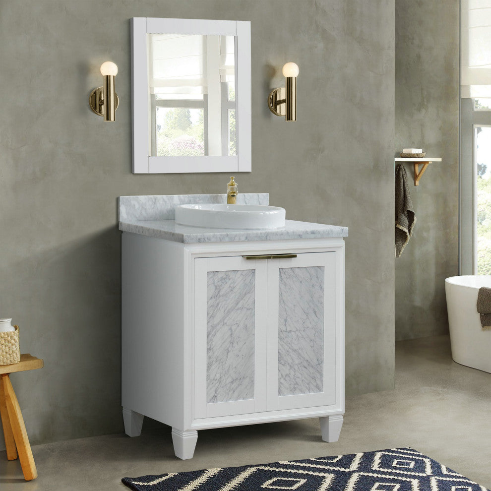 31" Single Sink Vanity, White Finish With White Carrara Marble With Round Sink