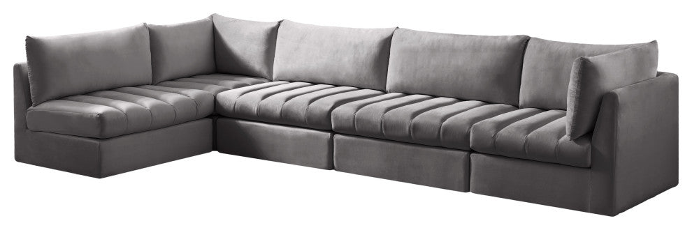 Jacob Velvet Upholstered 5-Piece L-Shaped Modular Sectional, Grey