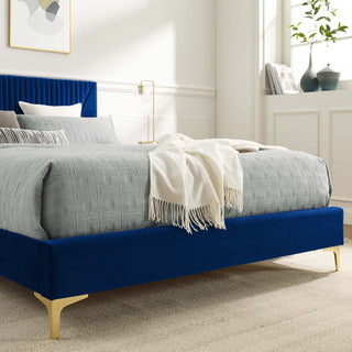 Yasmine Channel Tufted Performance Velvet Twin Platform Bed, Navy