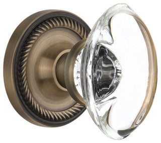 Single Rope Rosette With Oval Clear Crystal Knob, Antique Brass