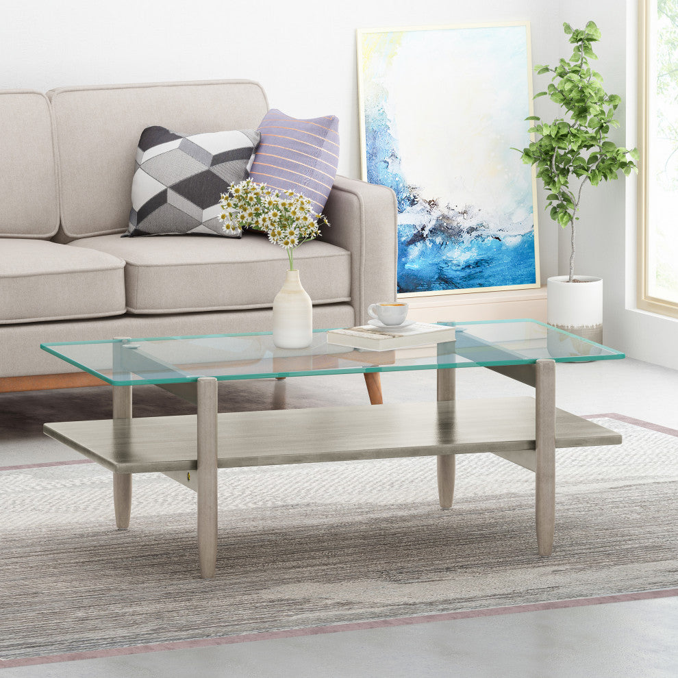 Mumford Acacia Wood Coffee Table With Tempered Glass Top, Brown Mahogany, Gray F