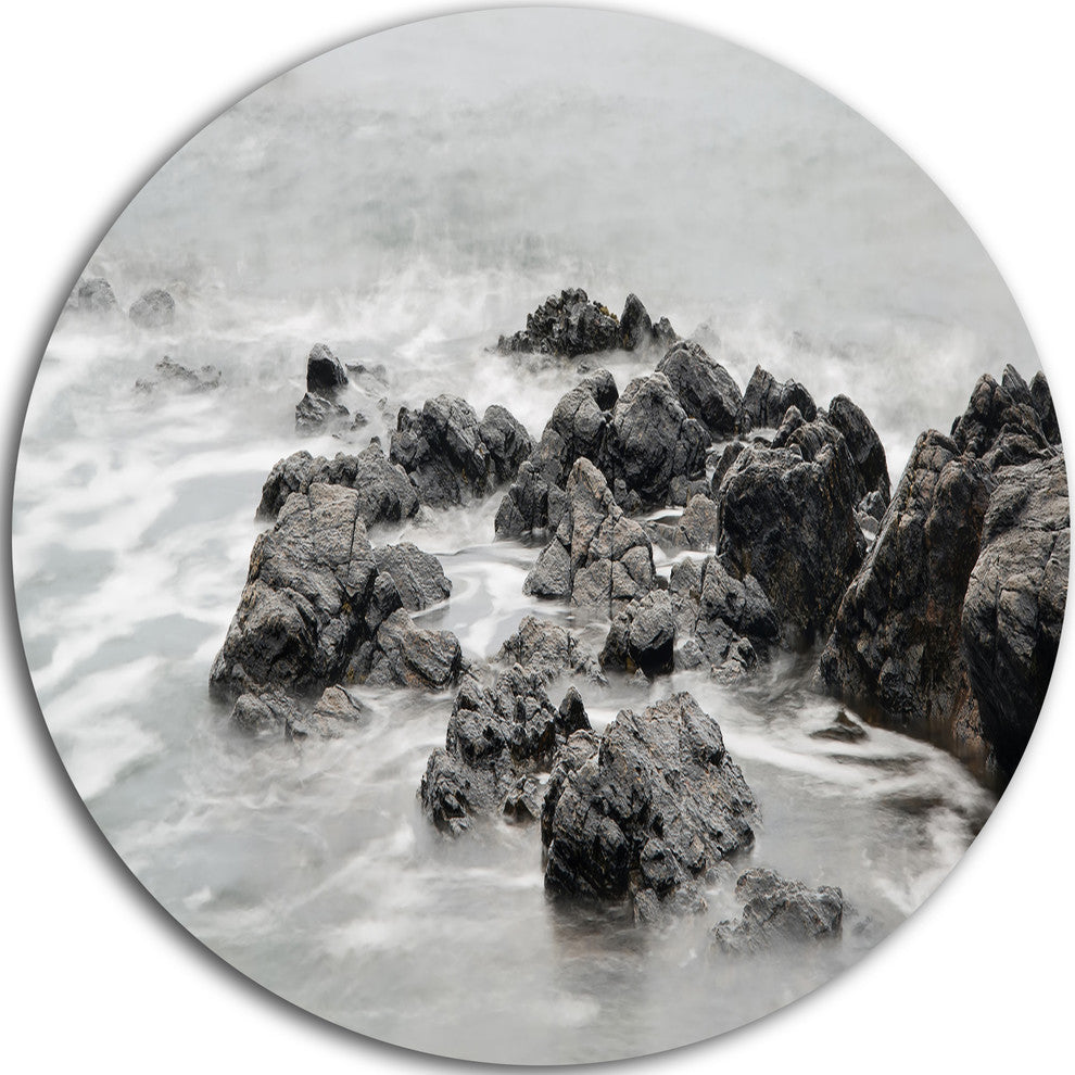 Black And White Rocky Coastline, Seashore Disc Metal Artwork, 23"