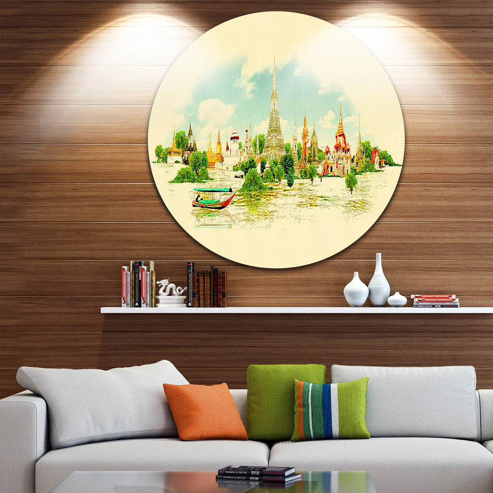 Bangkok Panoramic View, Cityscape Watercolor Disc Metal Wall Art, 23"