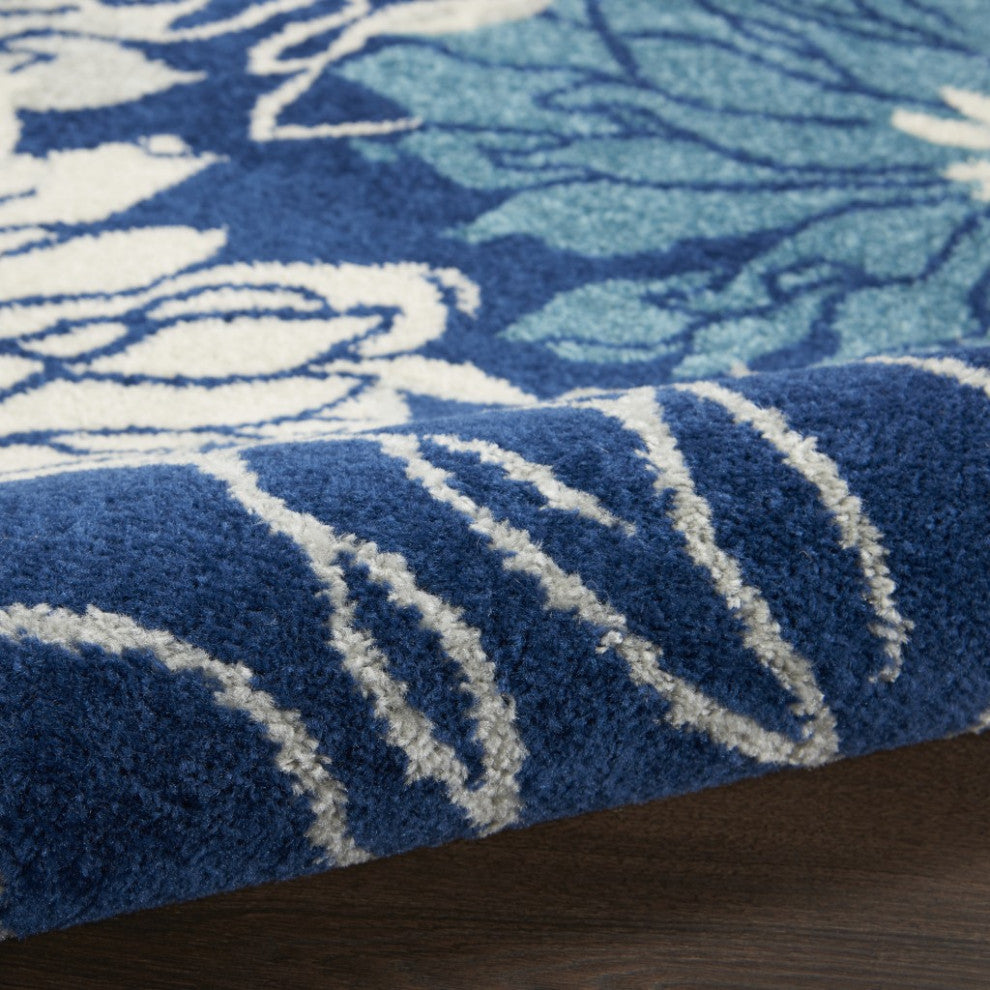 8' Blue And Ivory Round Floral Dhurrie Area Rug