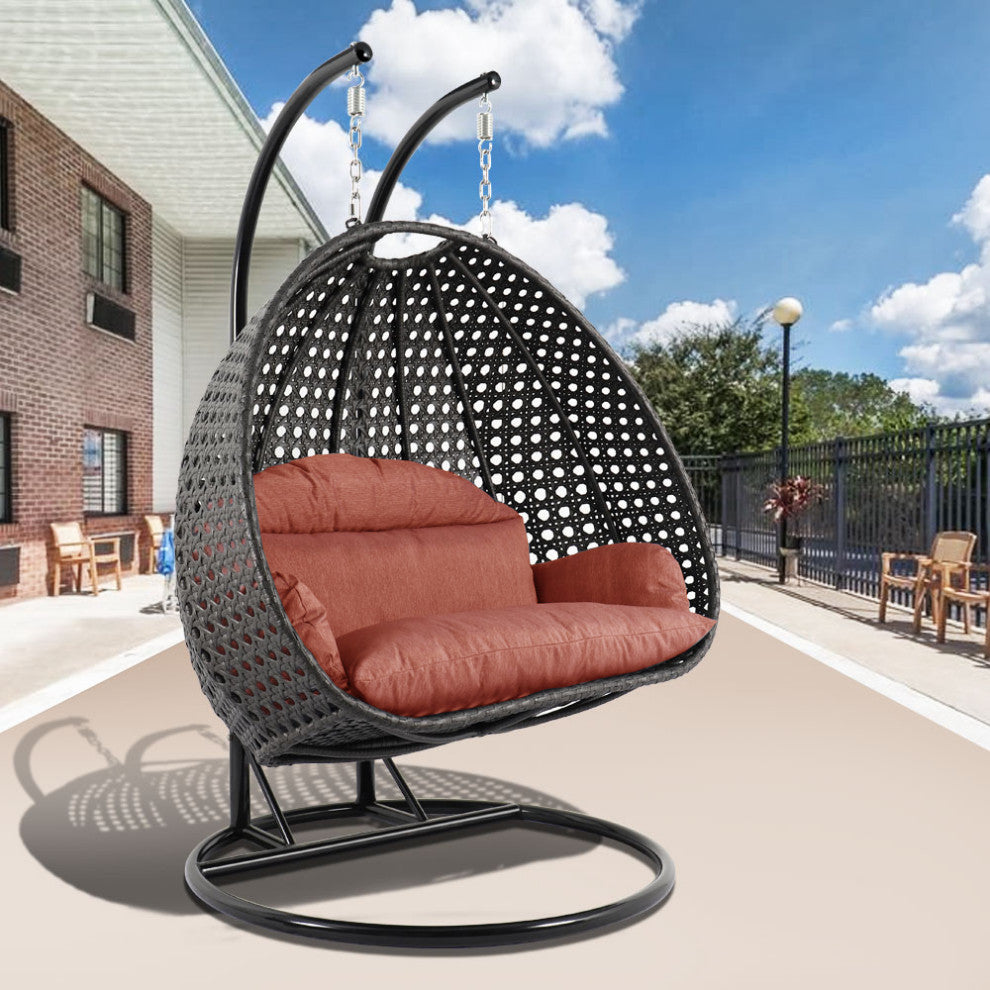 2 Person Charcoal Wicker Double Hanging Egg Swing Chair, Dark Orange