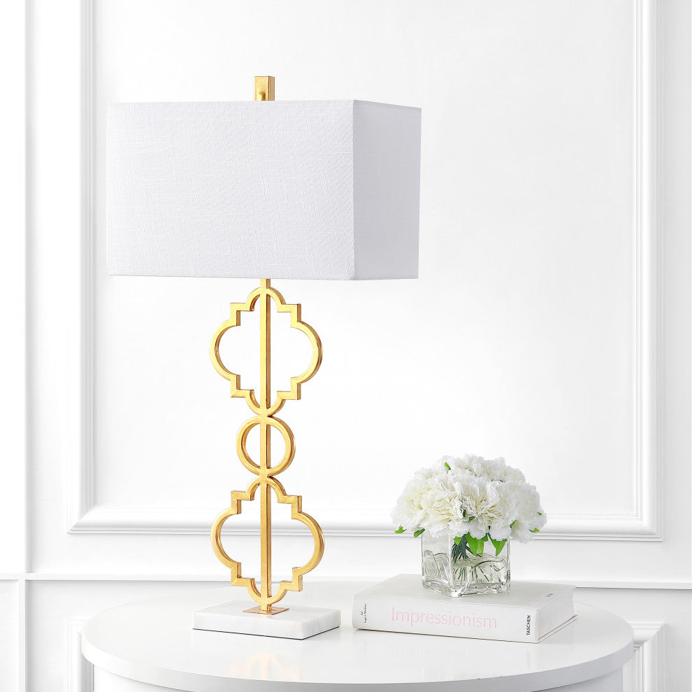 Selina 32" Iron Ogee Trellis Modern LED Table Lamp, Gold  by JONATHAN  Y