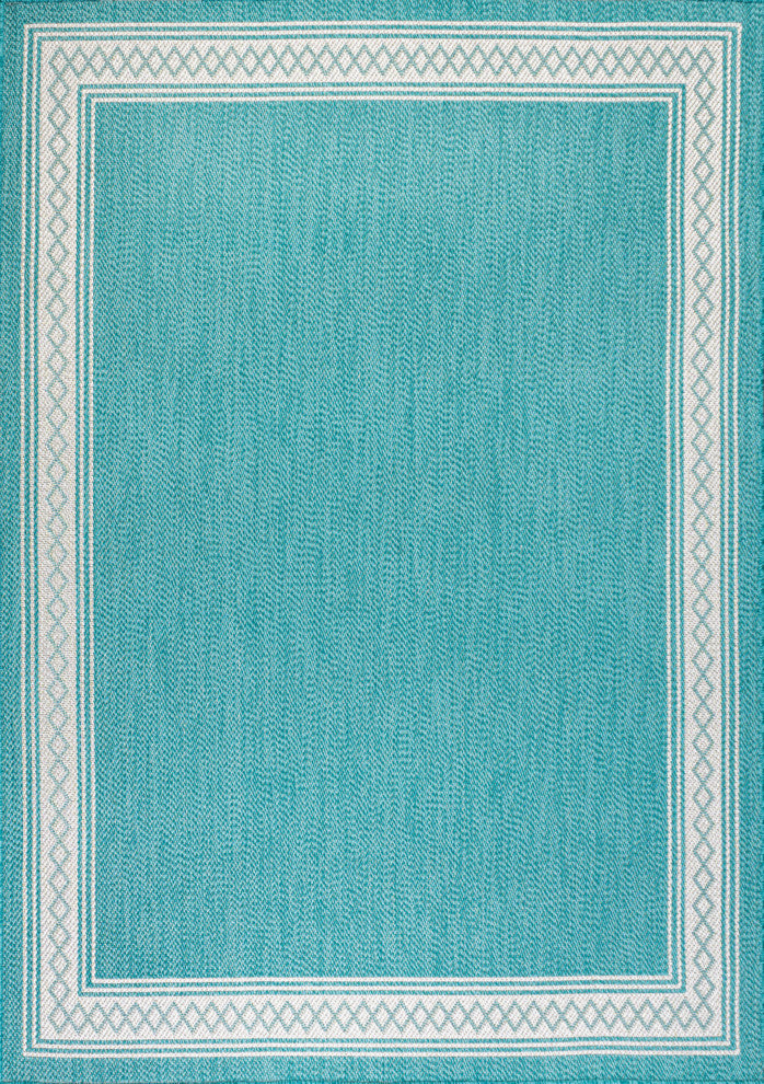 Lucia Classic Diamond Border Indoor/Outdoor Area Rug, Aqua/Light Gray, 8x10