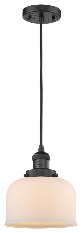 1-Light Large Bell 8" Pendant, Matte Black, Glass: White Cased
