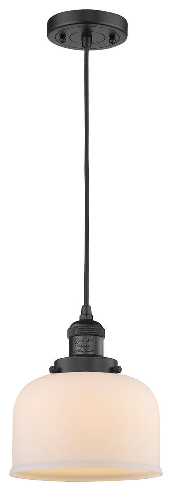 1-Light Large Bell 8" Pendant, Matte Black, Glass: White Cased