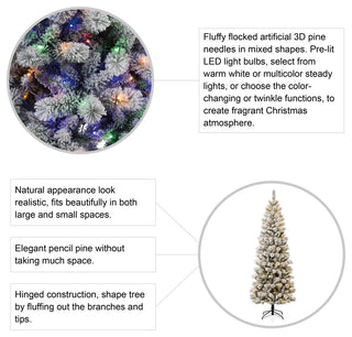 7.5ft Pre-Lit Flocked Pencil Pine Artificial Christmas Tree With 300 Warm Lights