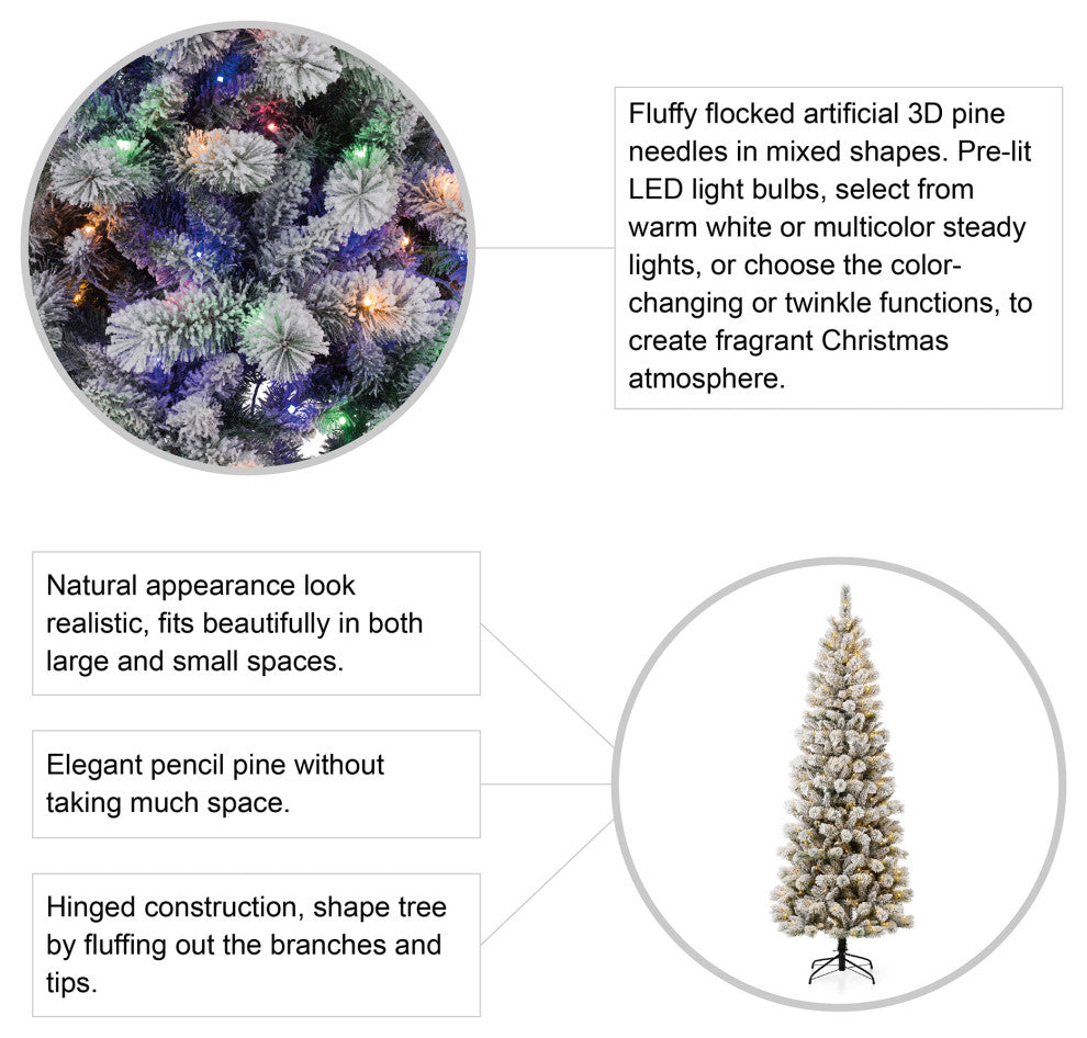 7.5ft Pre-Lit Flocked Pencil Pine Artificial Christmas Tree With 300 Warm Lights