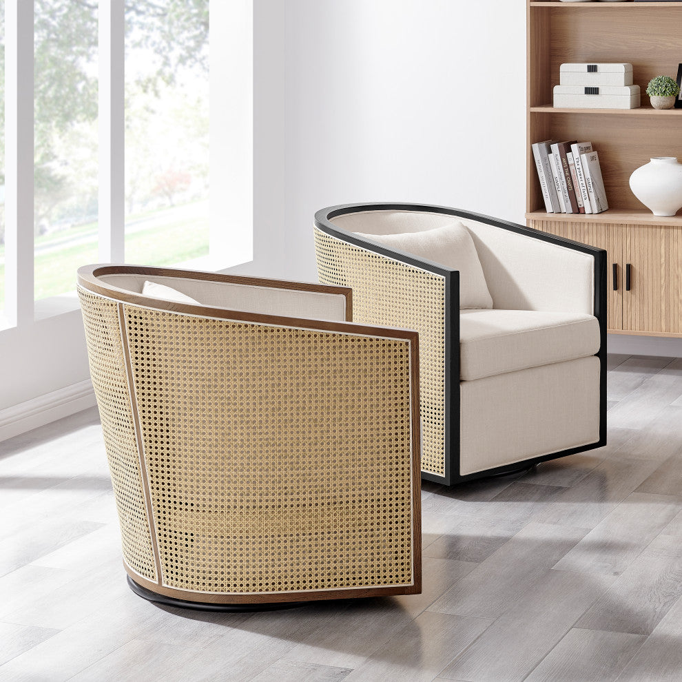Marilyn Swivel Accent Arm Chair With Rattan, Black