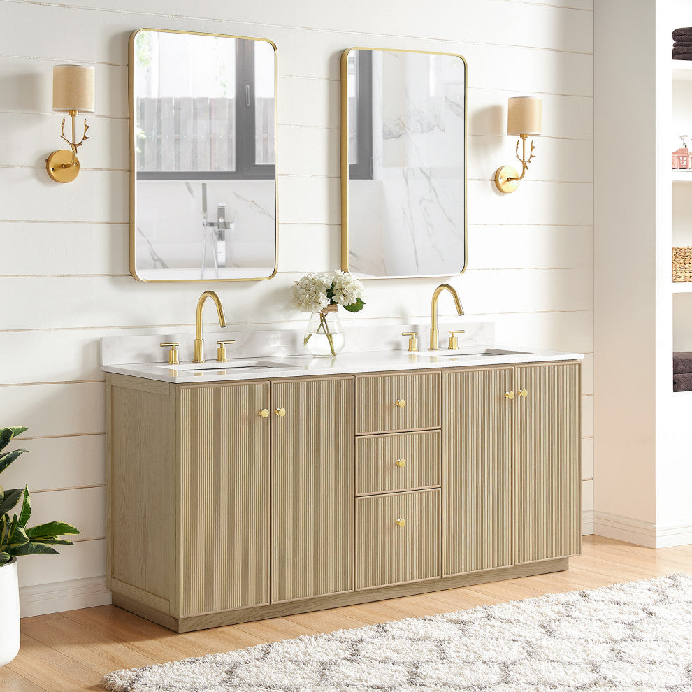 Oza Bath Vanity with Quartz Stone Top, Aged Natural Oak, 72", Double Vanity, No Mirror