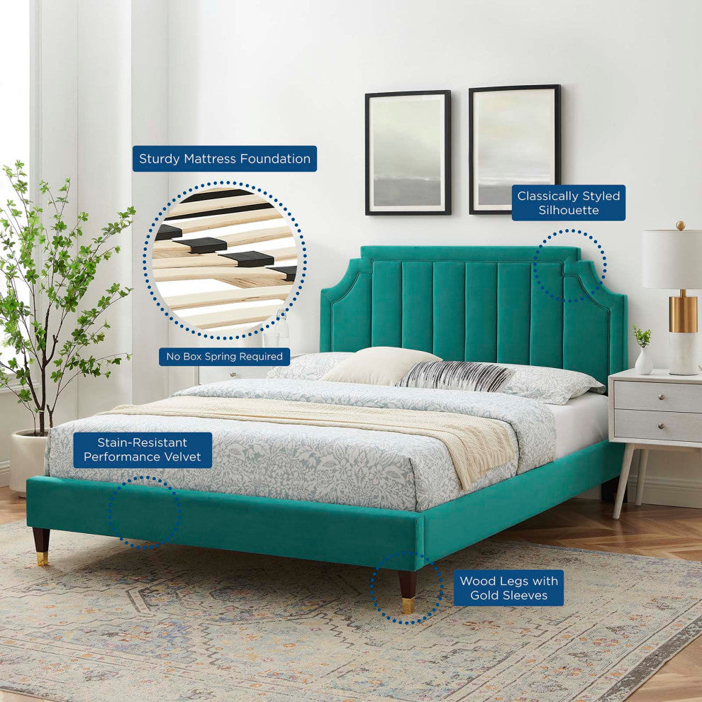 Platform Bed Frame, King Size, Velvet, Teal Blue, Modern Contemporary, Bedroom