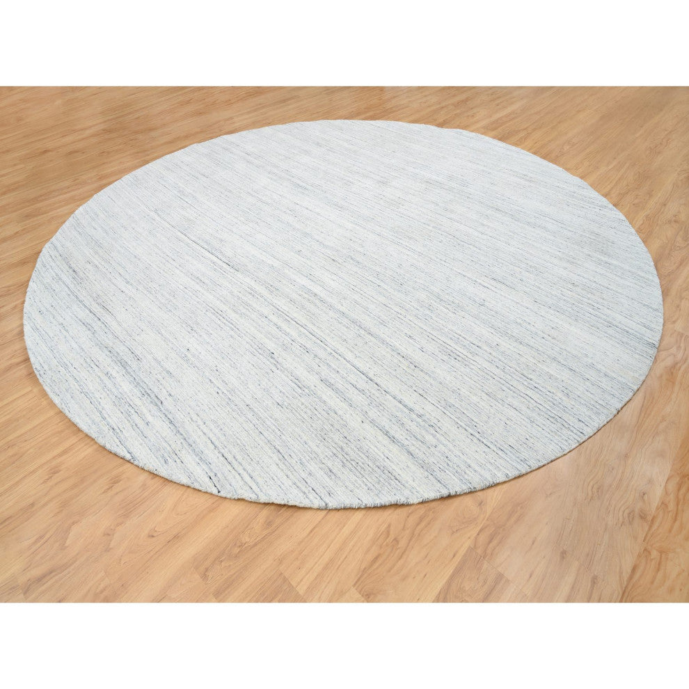 Ivory Plain Modern Striped Design Pure Wool Hand Loomed Round Rug, 11'10"x11'10"
