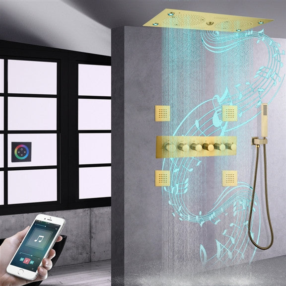 Thermostatic Recessed Ceiling Mount Led Rainfall Shower System, H Brushed Gold