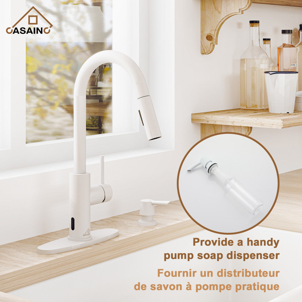 Touchless Pull Down Single Handle Kitchen Faucet With LED Function, Matte White