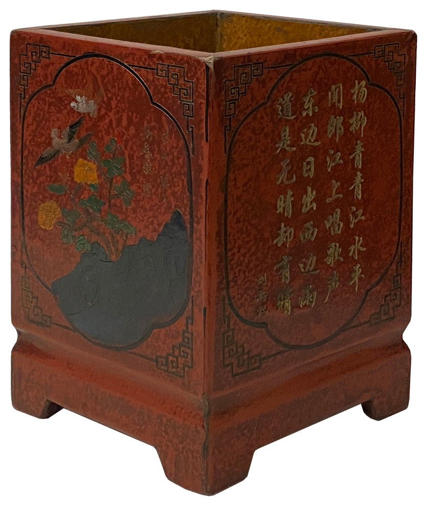 Distressed Brick Red Flowers Graphic Rhombus Shape Wood Holder Hws2301