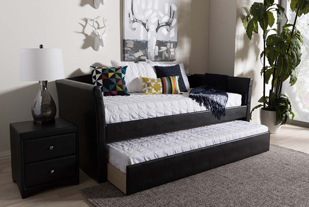 Jolene Fabric Upholstered Daybed With Trundle Bed, Black