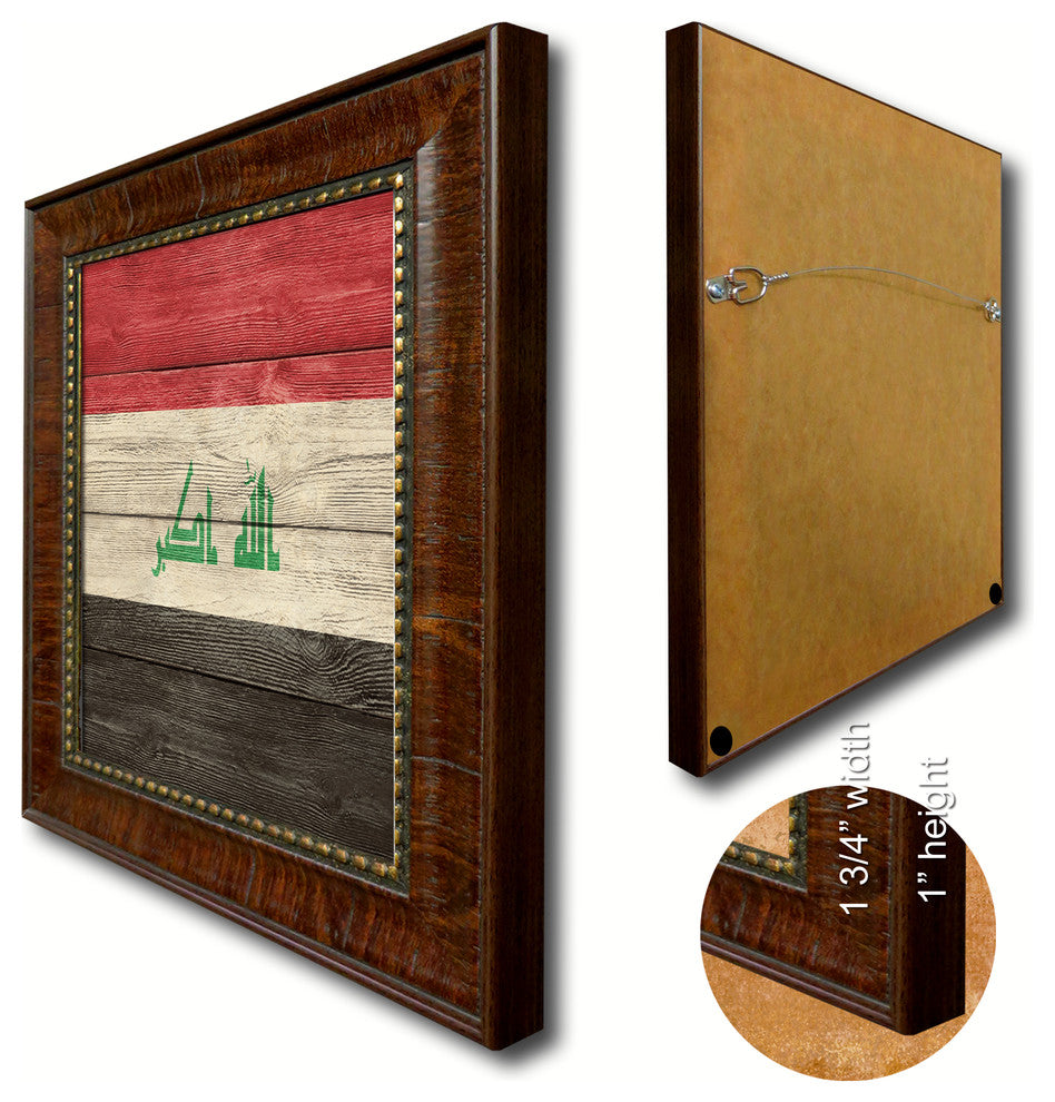 Iraq Country Textured Flag Print With Brown Gold Frame, 15"X21"