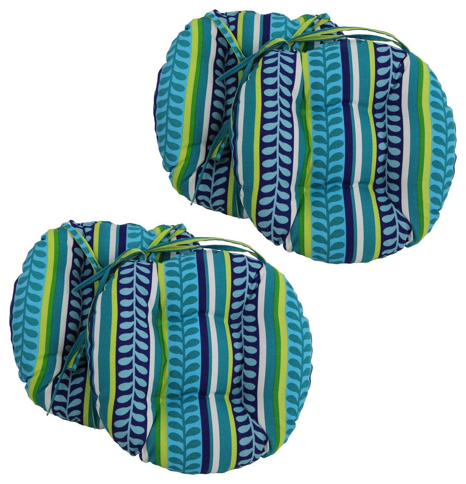 16" Outdoor Tufted Chair Cushions, Blue and Green Stripe, Set of 4