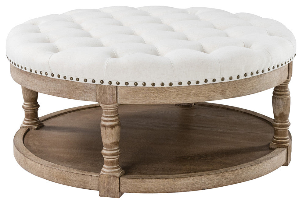 36" Wide Tufted Round Cocktail Ottoman With Storage, Ivory