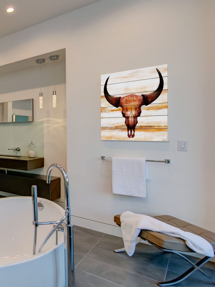 "Burnt Orange Skull" Print on White Wood, 40"x40"