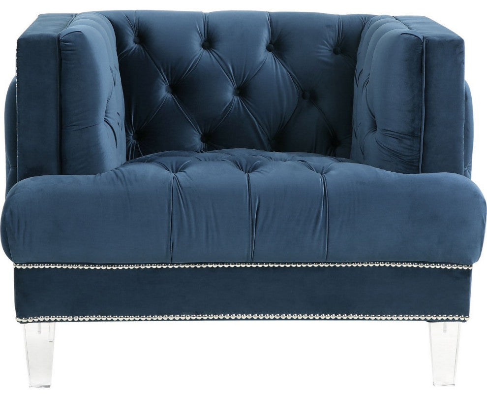 Benzara BM250213 Velvet Upholstered Chair, Tufted Details and Acrylic Legs, Blue