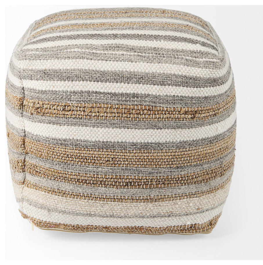 Aahana 16.0Lx16.0Wx16.0H White/Taupe/Gray Striped Hemp and Cotton Pouf