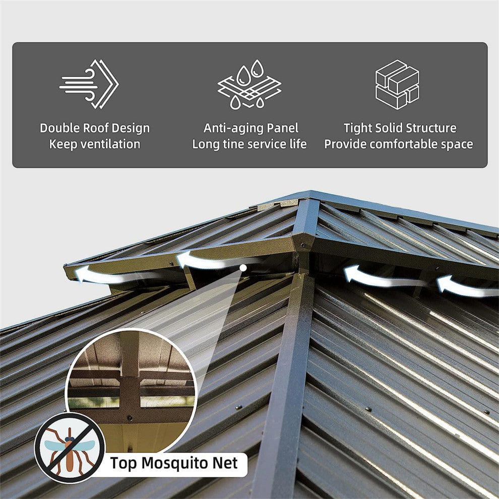 Hardtop Gazebo, Aluminum Frame Canopy with Galvanized Steel Double Roof, Brown