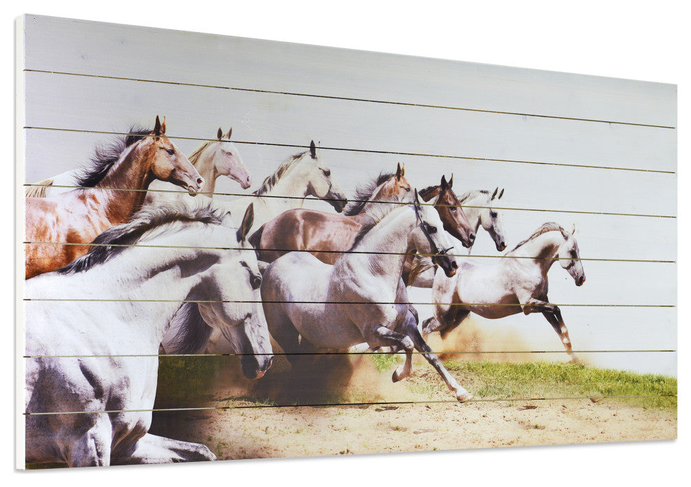 "Charge" Horse Wall Art Printed on Solid Fir Wood Planks