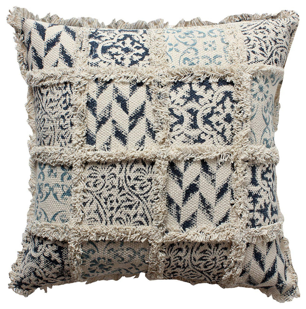 Benzara BM200569 18 x 18 Hand Block Printed Cotton Pillow , Beige and Blue