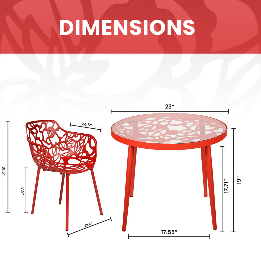 LeisureMod Devon Aluminum Patio Dining Set With Table and 2 Armchairs, Red