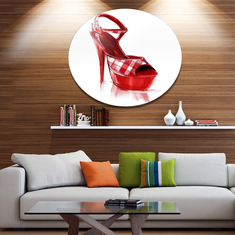 Red High Heel Women'S Shoe, Modern Disc Metal Artwork, 11"