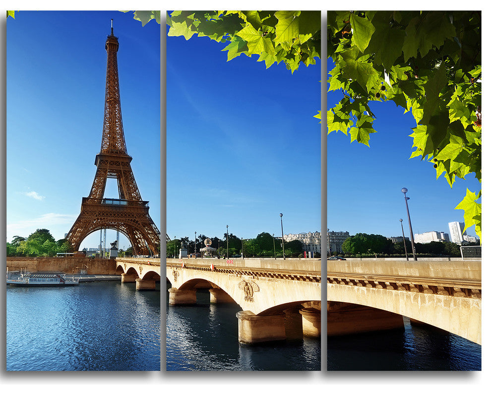 "Bridge to Paris Eiffel Tower Paris" Metal Wall Art, 3 Panels, 36"x28"