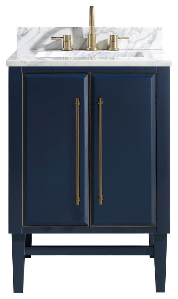 Mason 25" Vanity Combo, Navy Blue, Matte Gold Hardware / Natural 1" Carrara White Marble Countertop and Backsplash